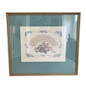 Vintage Handmade Needlepoint Embroidery Floral Fan Linen Gold Frame 17 x 19